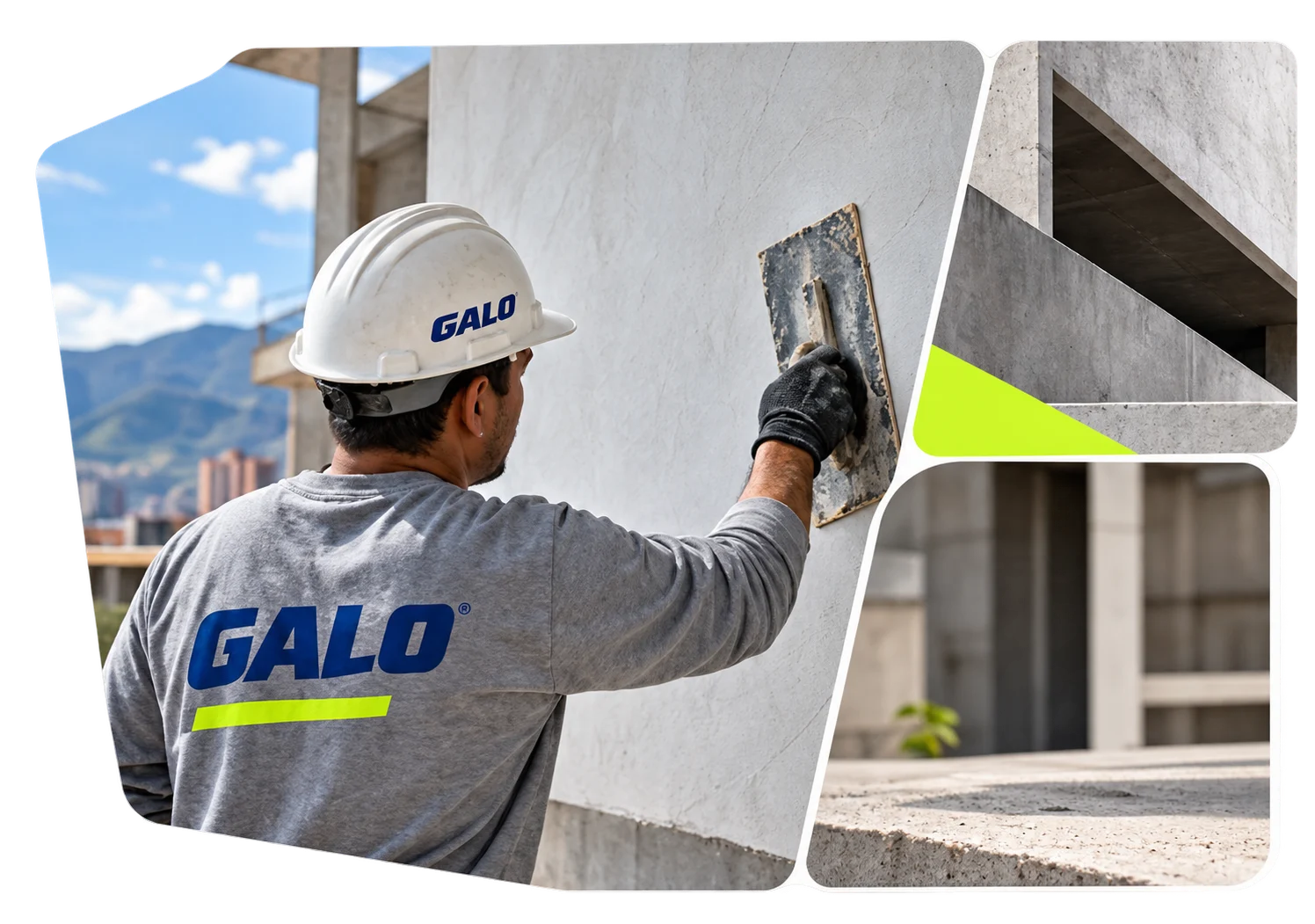 Profesional con suéter y casco GALO aplicando un acabado, junto a detalles de arquitectura